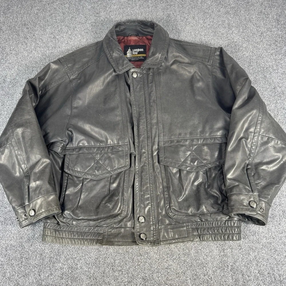 Vintage London Fog Black Leather Jacket Quilted Lined XL Y2K Grunge 90s 80s
